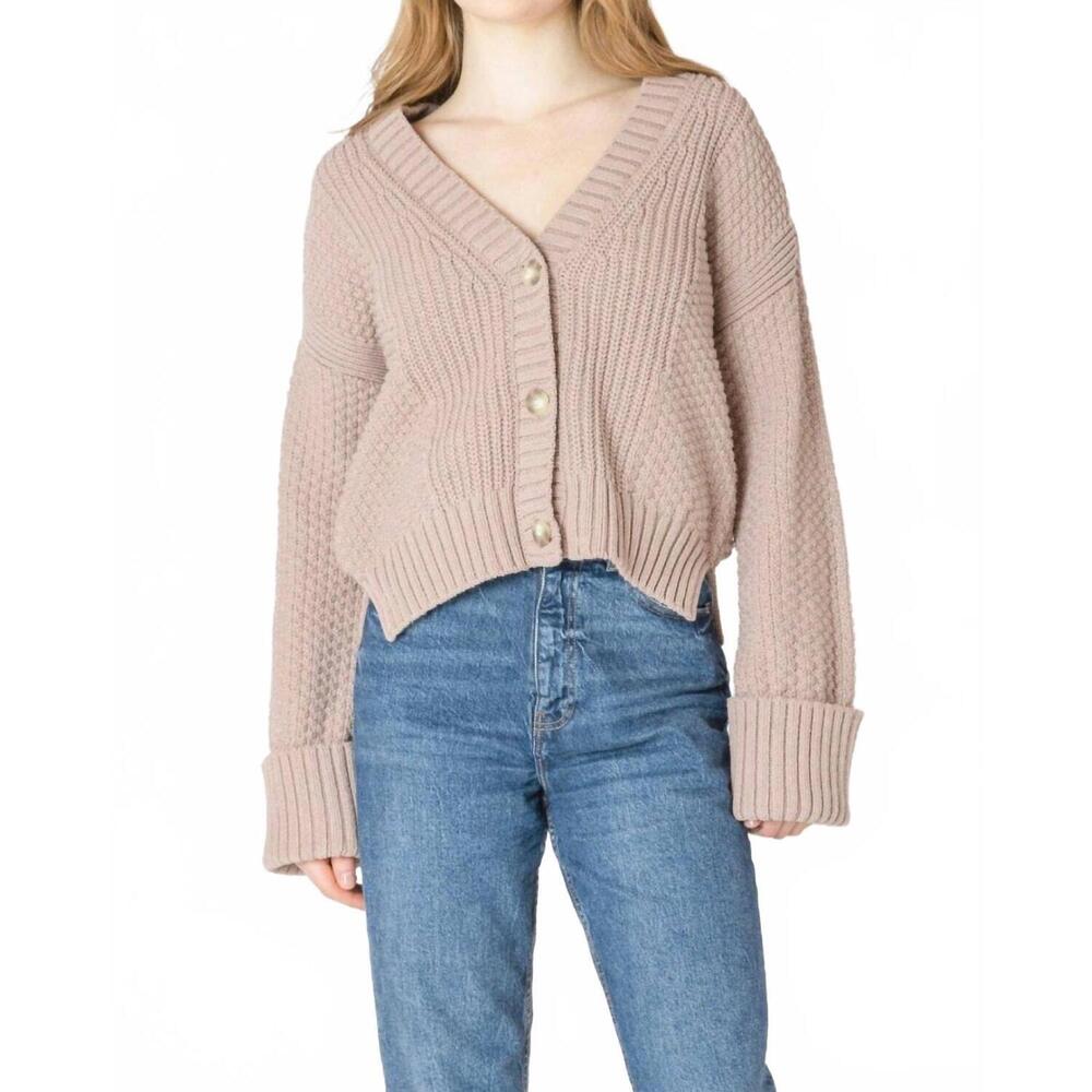NEW DEX CLOTHING cuffed sleeve textured cardigan in taupe